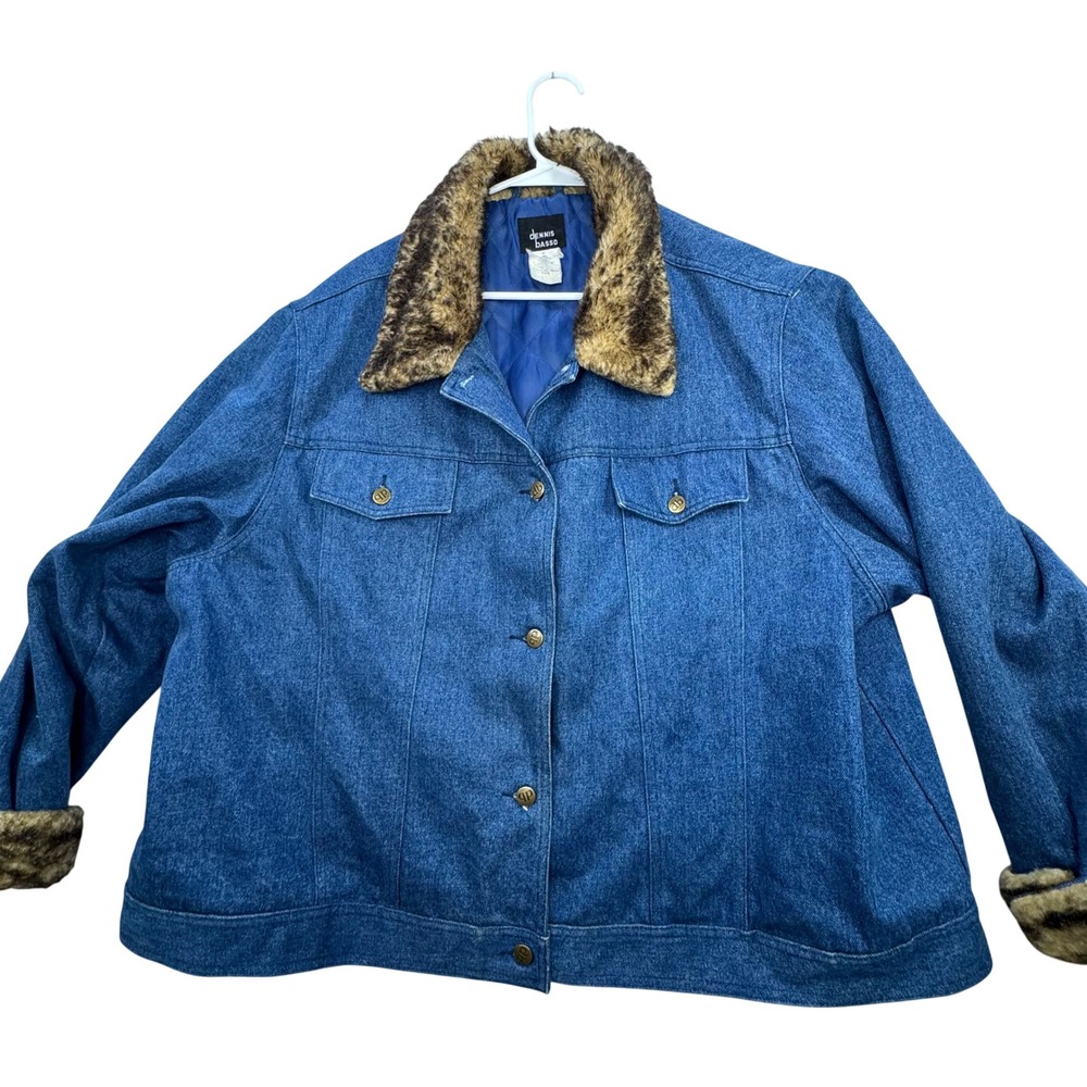 VTG Y2K Dennis‎ Basso Denim Jacket Womens 3XL Faux Fur Trim Trucker Coat Western